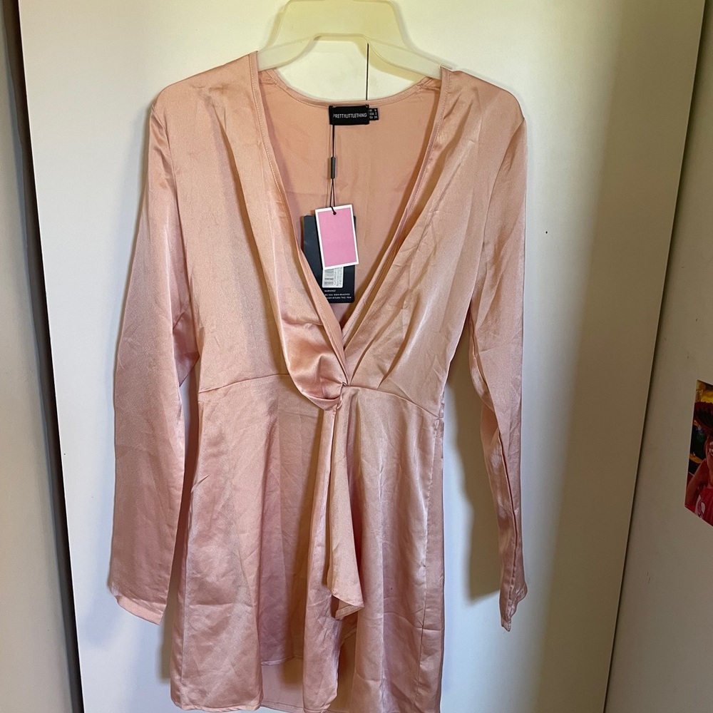 PrettyLittleThing Nude Long Sleeve Wrap Dress